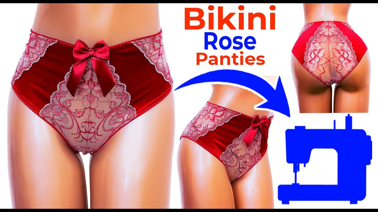 YouTube thumbnail for Bikini Rose Panties sewing tutorial, showing red lace panties with a satin bow