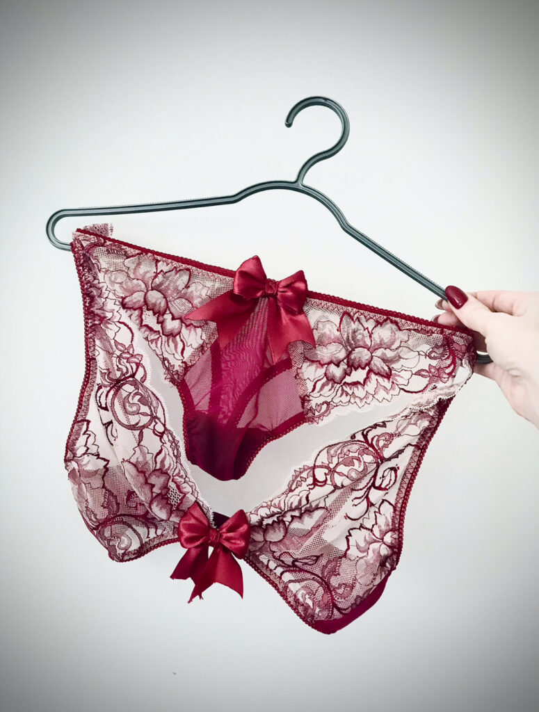 Lace lingerie panties with large folded satin bows, showing details for flat vs folded bow styles in lingerie sewing.