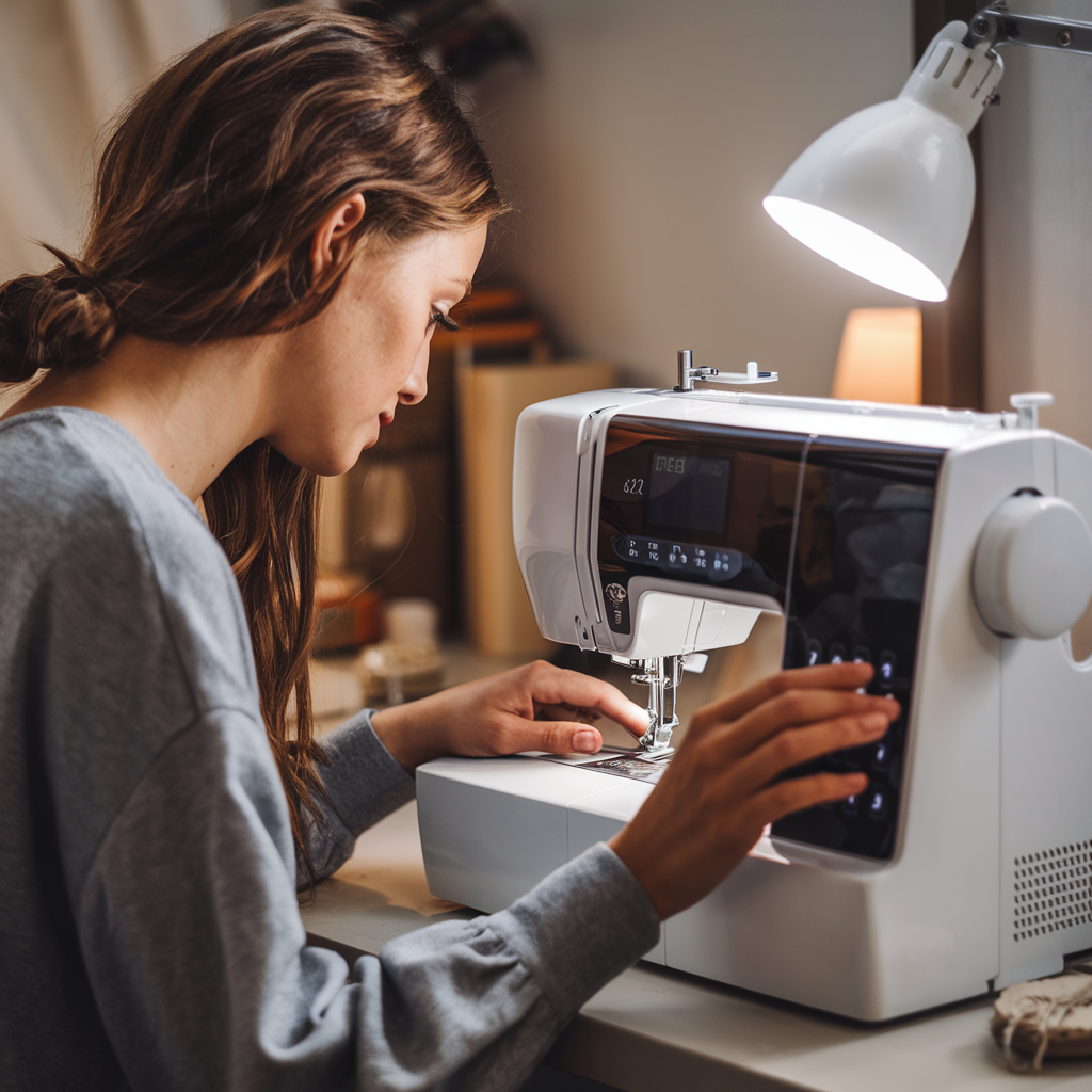 Woman using a regular sewing machine at home, learning basic stitches for DIY panties with simple sewing tools and soft fabrics.