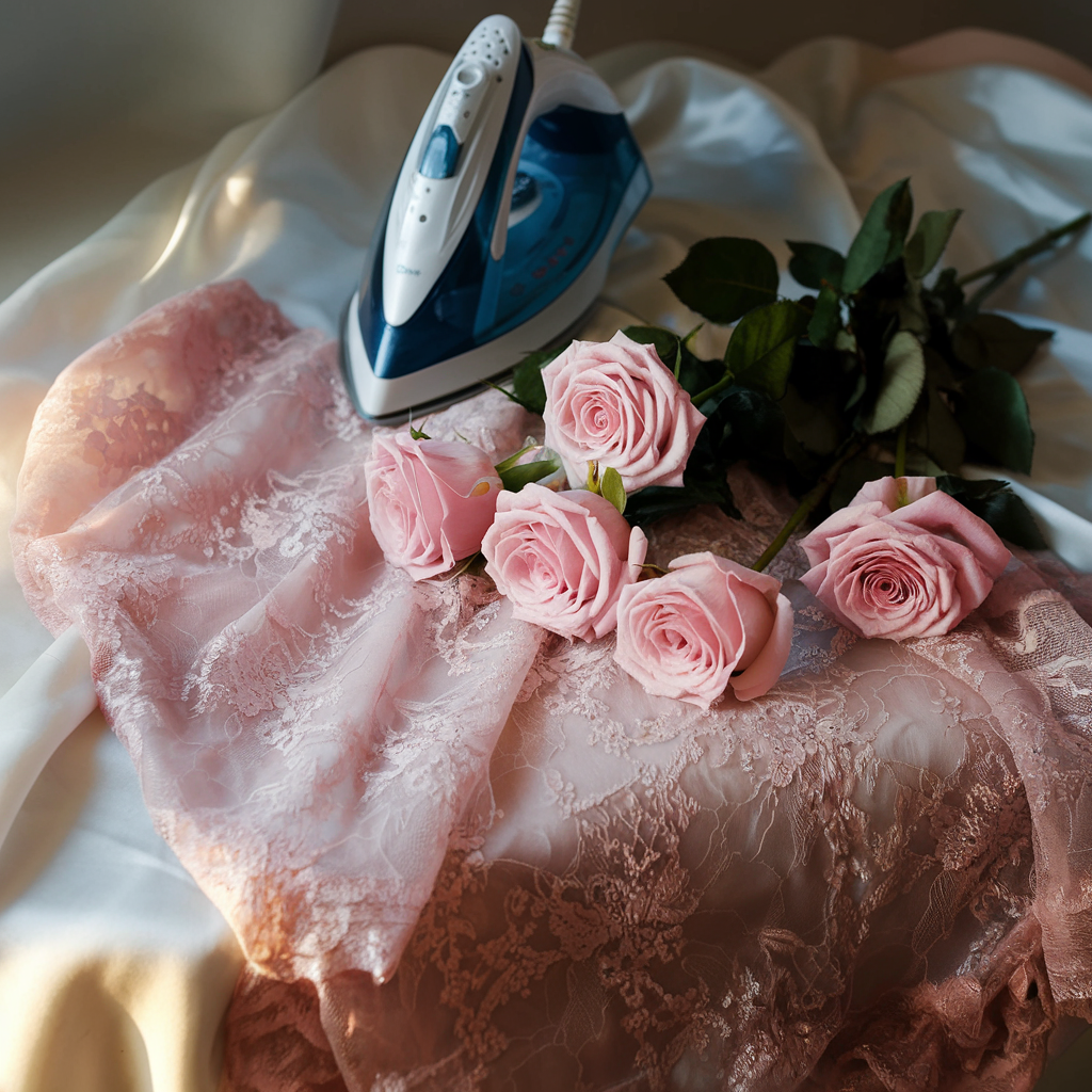 Pink lace fabric with a steam iron and fresh pink roses, ready for gentle pressing to keep it smooth and beautiful.