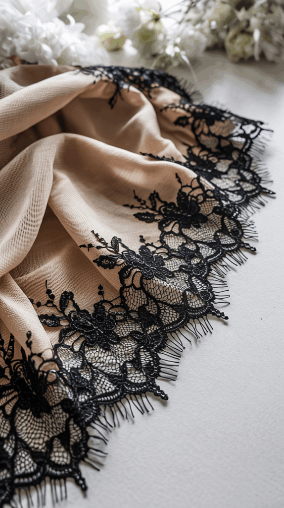 Black eyelash lace fabric for lingerie sewing projects.