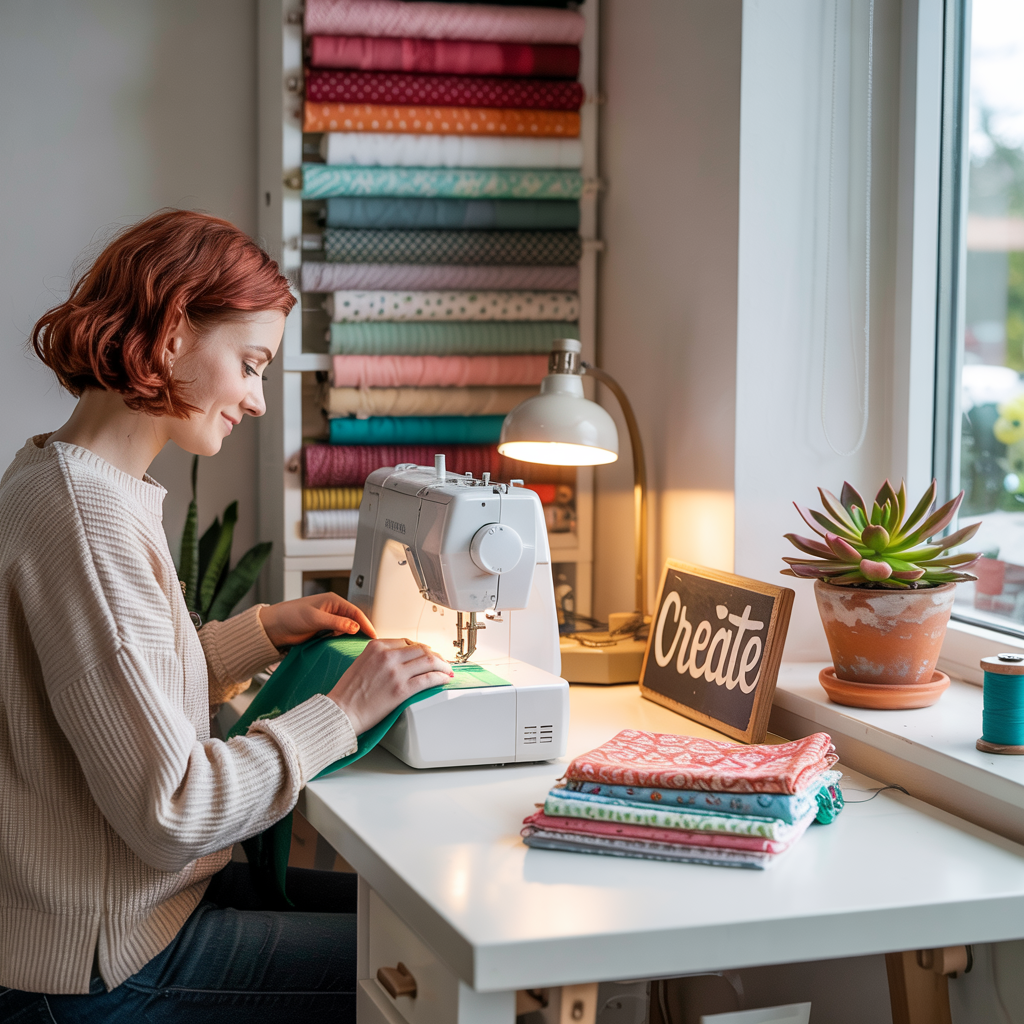 A woman with red hair sews fabric at a white table, surrounded by colourful fabric rolls and a sign that says “Create.