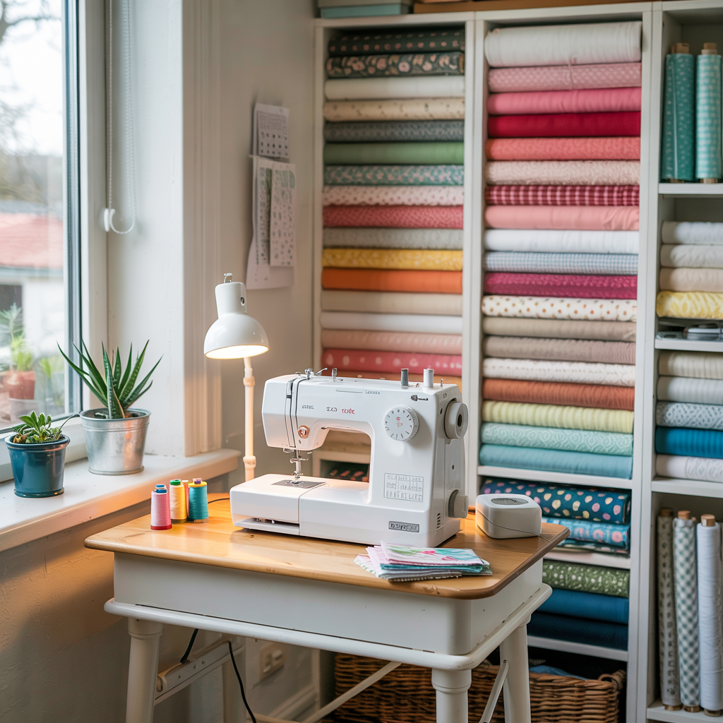 Bright sewing corner with a white sewing machine on a wooden table, colourful thread spools, potted plants, and neatly organized fabric shelves.