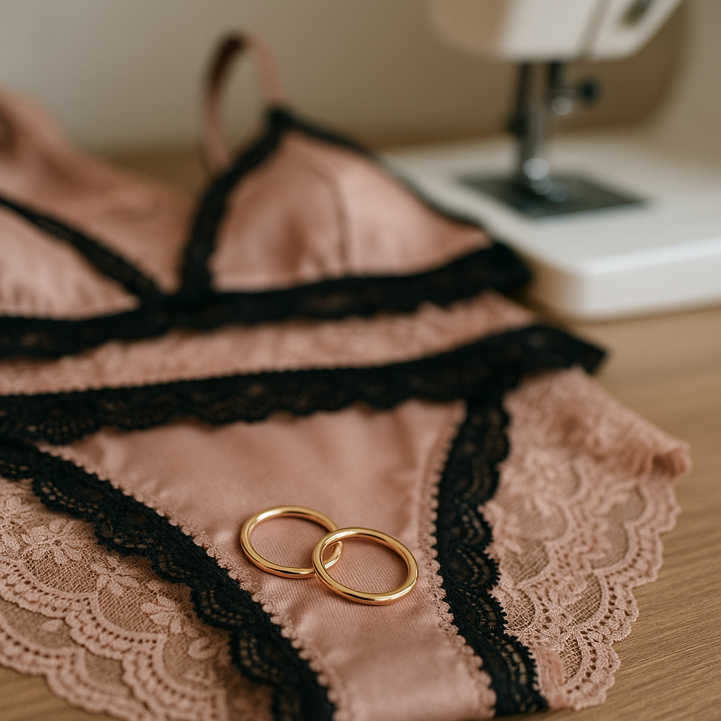 Close-up of lingerie set with black lace and gold rings, placed near a sewing machine on a wooden surface.