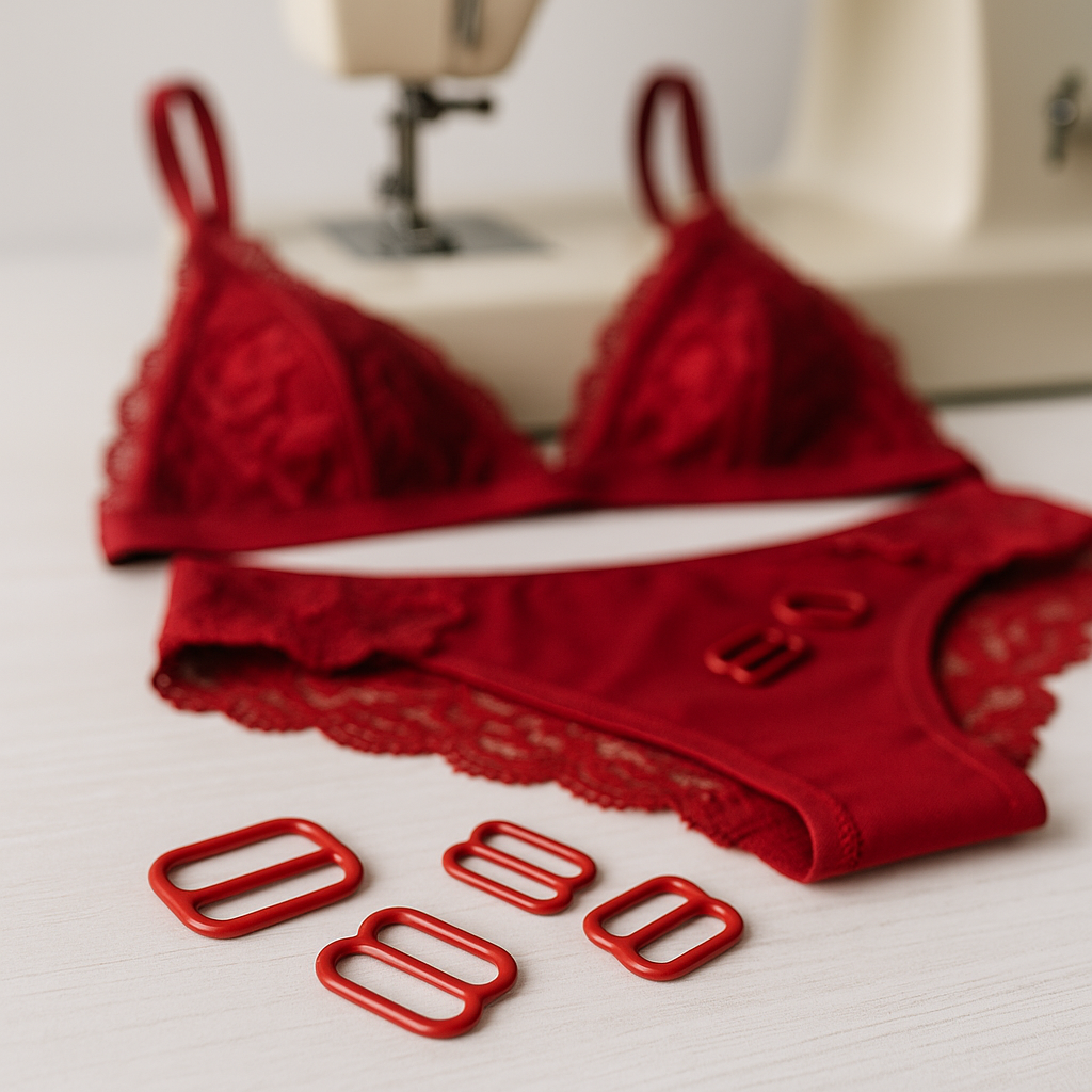 Red lingerie set with matching red metal hardware pieces, displayed near a sewing machine on a white table.