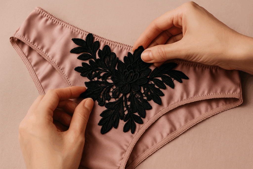 Hands placing black lace appliqué on dusty pink satin panties, showing DIY lingerie embellishment process in detail.