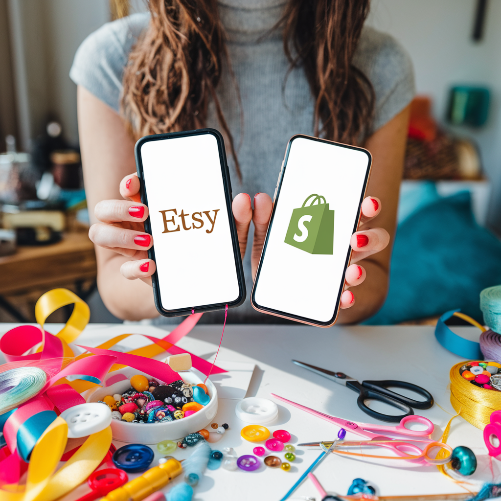 Woman with red nails holding two smartphones showing the Etsy and Shopify logos. She sits behind a table filled with colourful ribbons, buttons, and craft supplies.