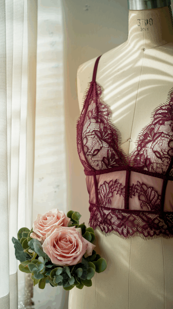 Burgundy eyelash lace bralette on a dress form near soft pink roses and sheer curtains with natural sunlight.