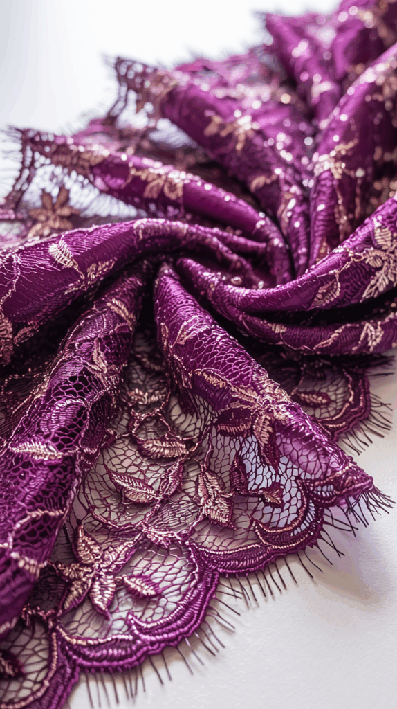 Close-up of deep purple lace fabric, highlighting jewel tone lingerie trend and luxurious sewing material details.