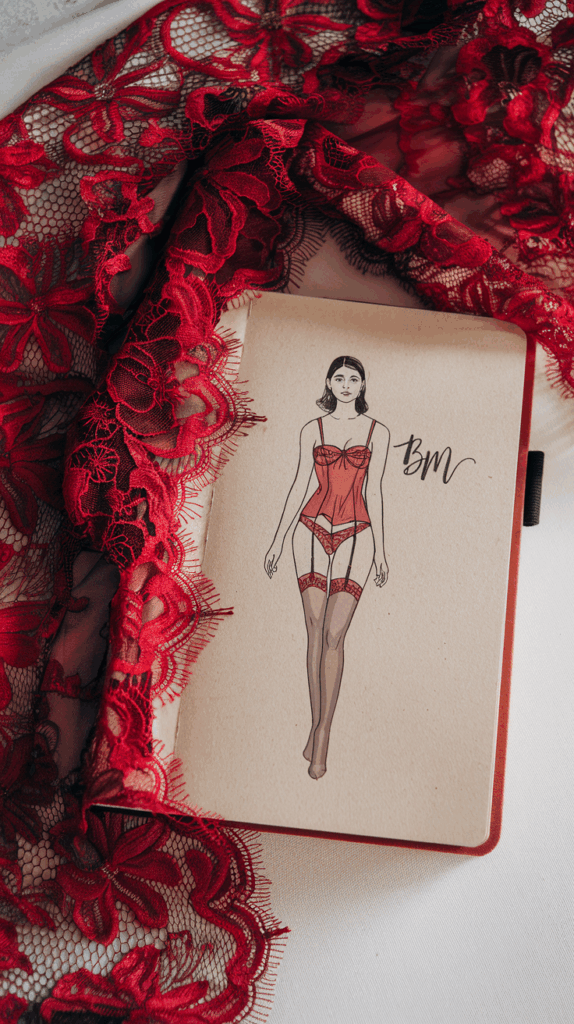 Lingerie fashion sketch of red corset set with stockings, surrounded by matching red lace fabric for DIY lingerie design inspiration.