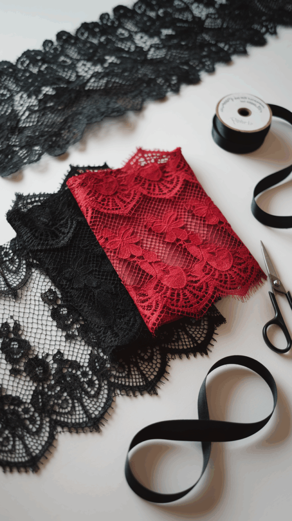 Folded red and black eyelash lace trims on a white table, surrounded by ribbon, lace scraps, and sewing scissors.