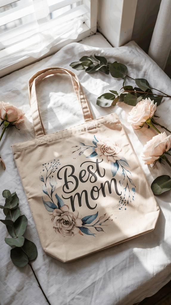 Beige tote bag with “Best Mom” floral design, surrounded by soft pink roses and greenery on a white fabric background.