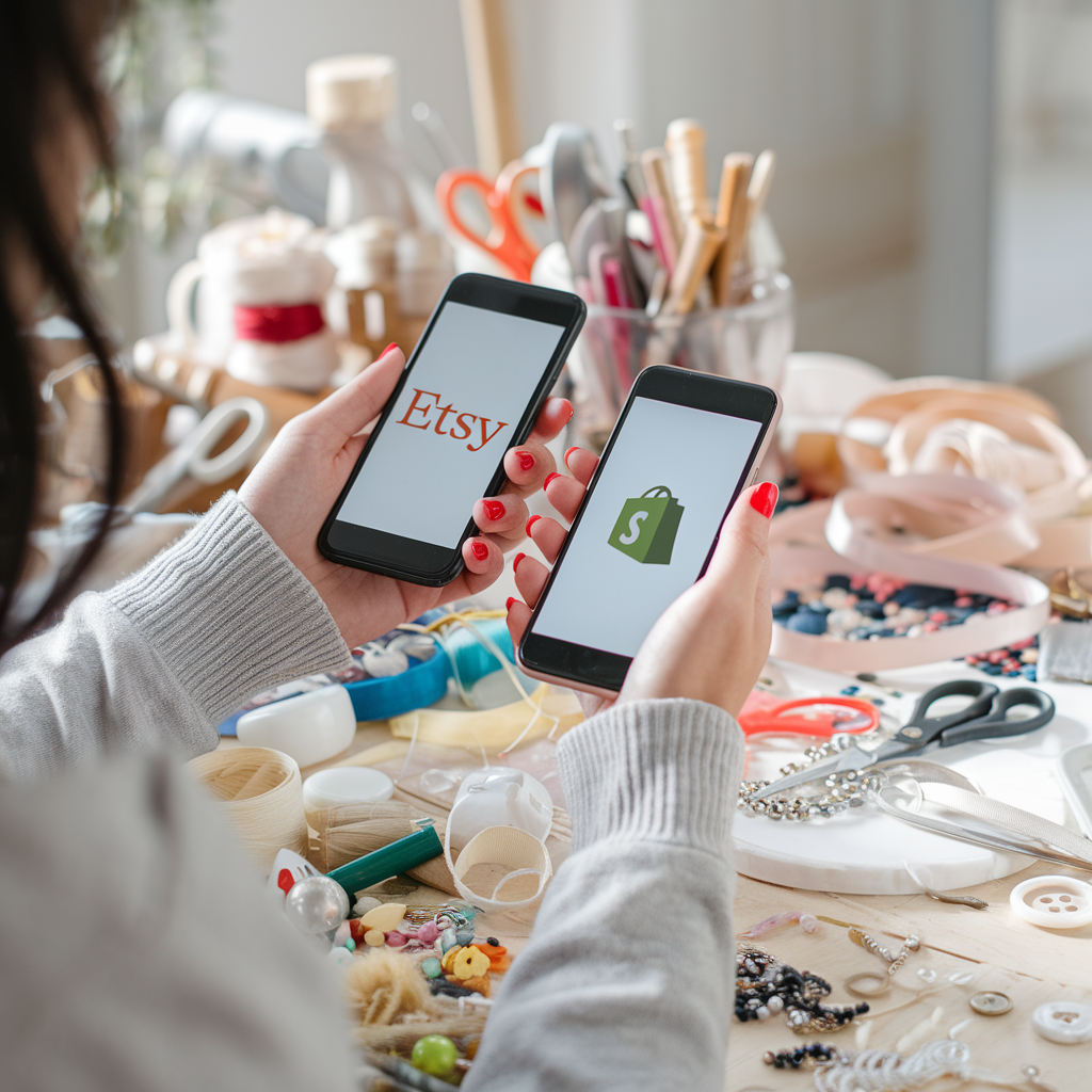 Close-up of a woman’s hands with red nails holding two smartphones in a craft room. One phone shows the Etsy logo, and the other displays the Shopify logo. Craft supplies like ribbons, buttons, scissors, and threads are scattered on the table.