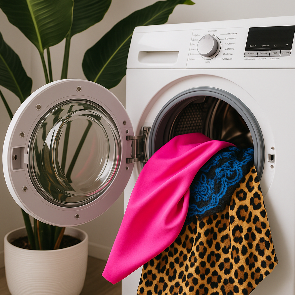 Open washing machine door, bright pink, blue lace, and leopard print fabrics flowing out, surrounded by leafy plant.