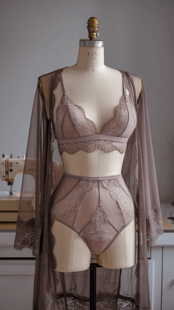 Dusty mauve lace lingerie set with mesh robe displayed on mannequin, sewing machine softly blurred in the background