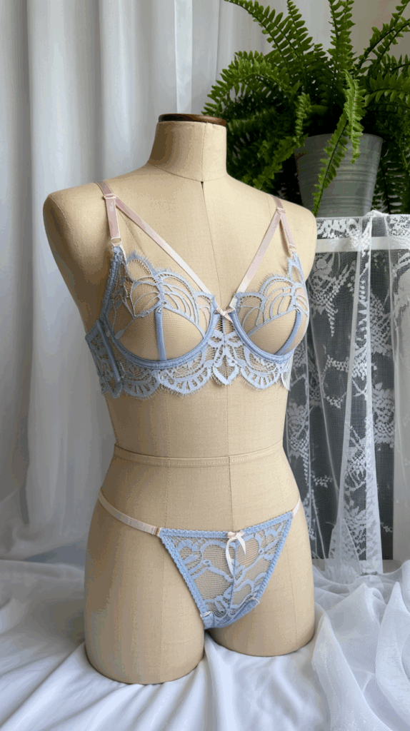 Blue lace lingerie set on mannequin with plants in background, showcasing trendy lingerie colour palette for the season.