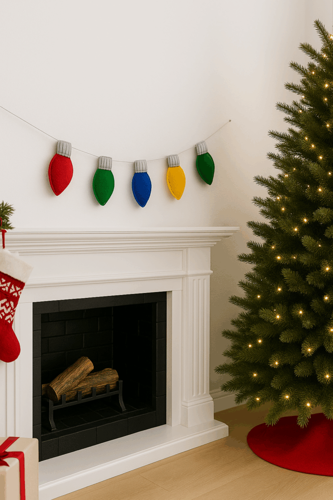 Colorful felt Christmas light bulb garland hanging above a white fireplace next to a decorated tree and wrapped presents.