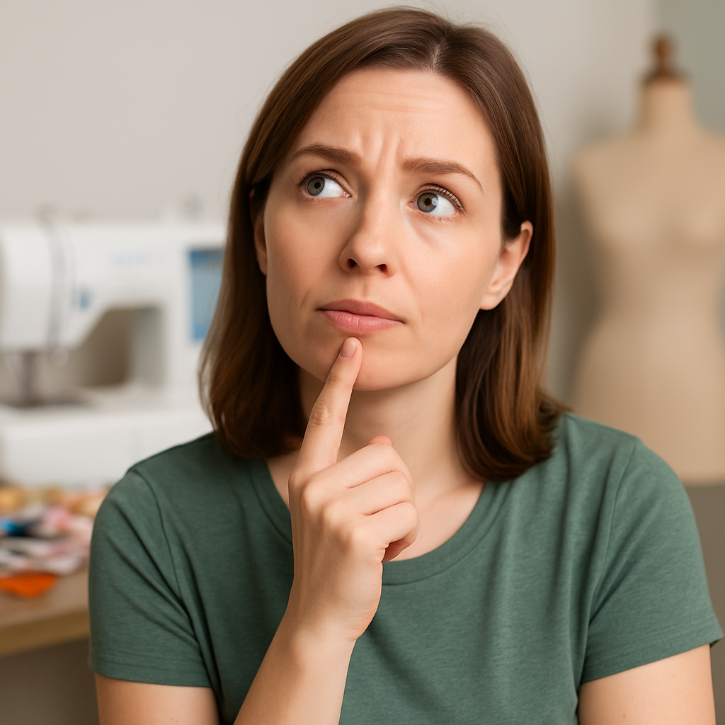 Woman thinking with sewing mannequin in background, symbolizing common lingerie sewing questions