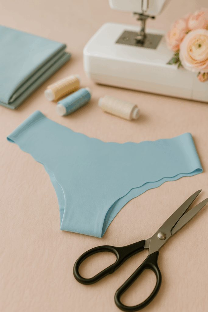 Sky blue thong panties with scalloped edges displayed on sewing table with scissors, thread spools, and sewing machine