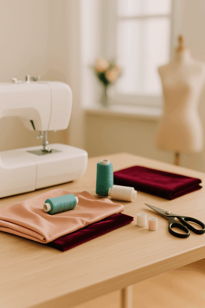 Sewing table with white sewing machine, stretch fabrics, thread spools, and scissors, with blurred window and mannequin