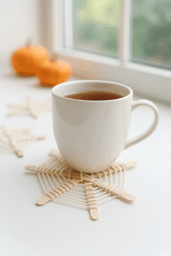 DIY Halloween spiderweb made from popsicle sticks and yarn — kid-friendly craft used as a cozy drink coaster with autumn decor.