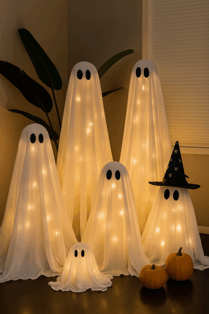 DIY glowing standing ghosts made with white sheets and fairy lights — easy indoor Halloween decor with spooky cute charm.