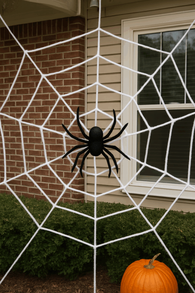 DIY giant spider web with faux black spider displayed on porch — budget Halloween yard decoration made with white yarn.