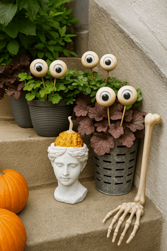 DIY googly-eye garden stakes in flower pots — fun Halloween yard decoration using ping-pong balls and wooden sticks.