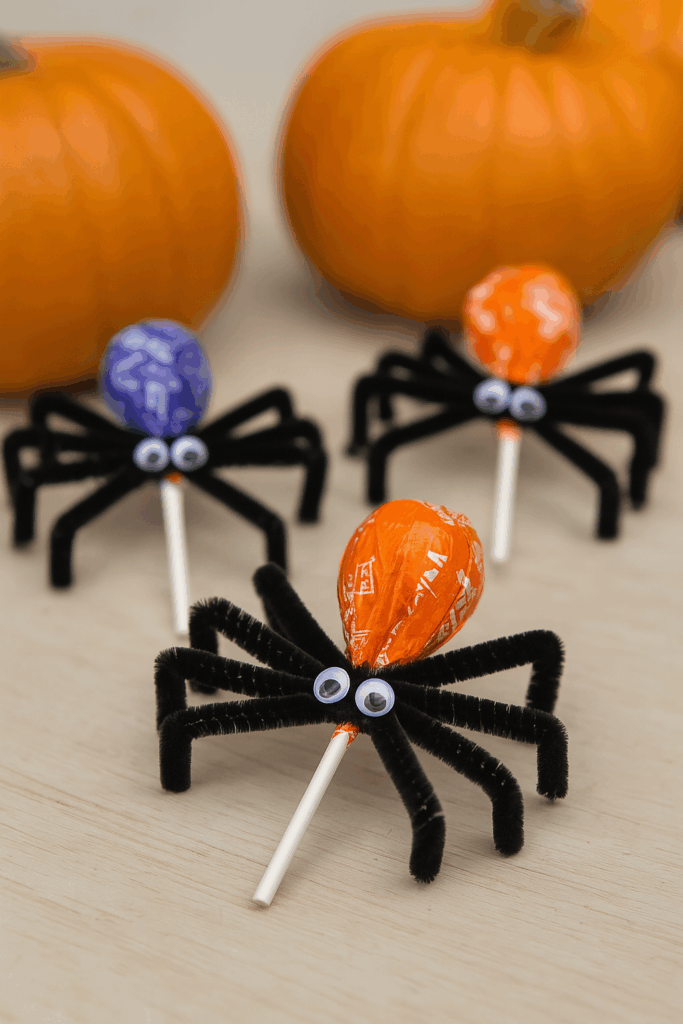 DIY Halloween spider lollipops made with pipe cleaners and googly eyes — fun, kid-friendly craft and party favour idea.