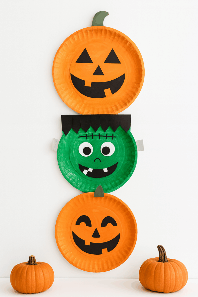 DIY Halloween paper plate faces of pumpkins and a monster — fun, easy craft for kids using paint, paper, and simple shapes.