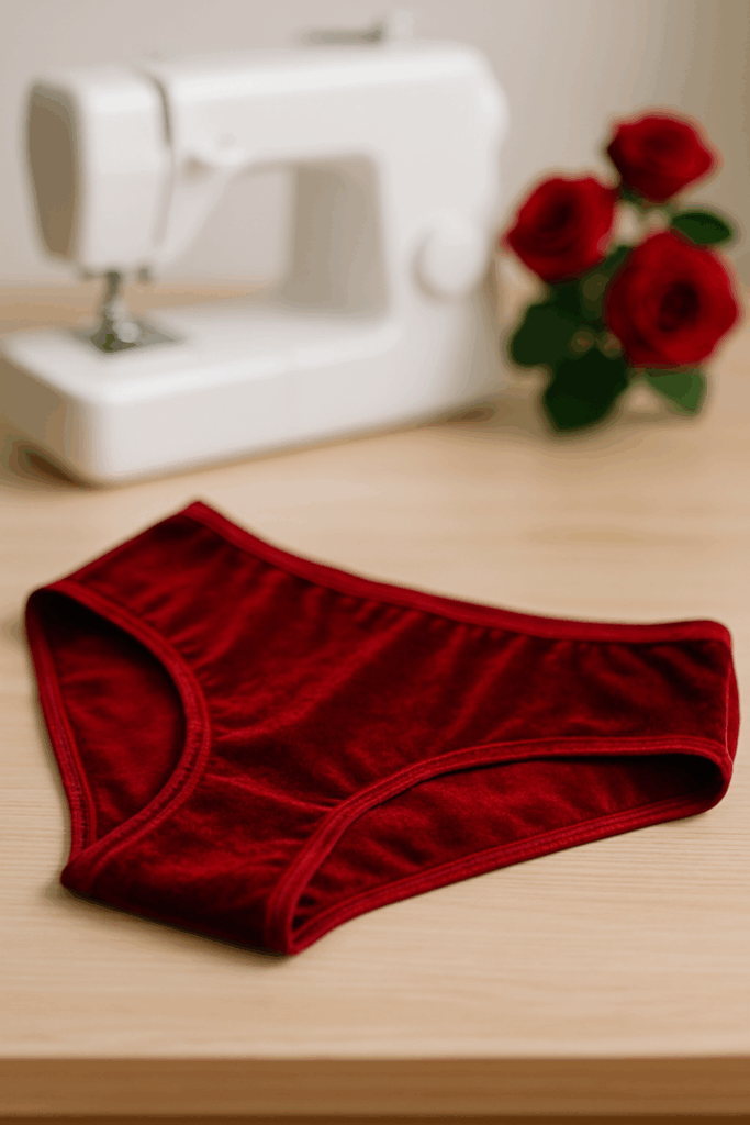 Red velvet panties on a wooden table with blurred sewing machine and red roses - ideal fabric for soft, handmade underwear projects