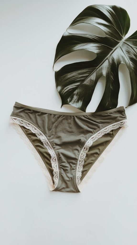 DIY lingerie project featuring olive green panties with lace edges, symbolizing beginner sewing results