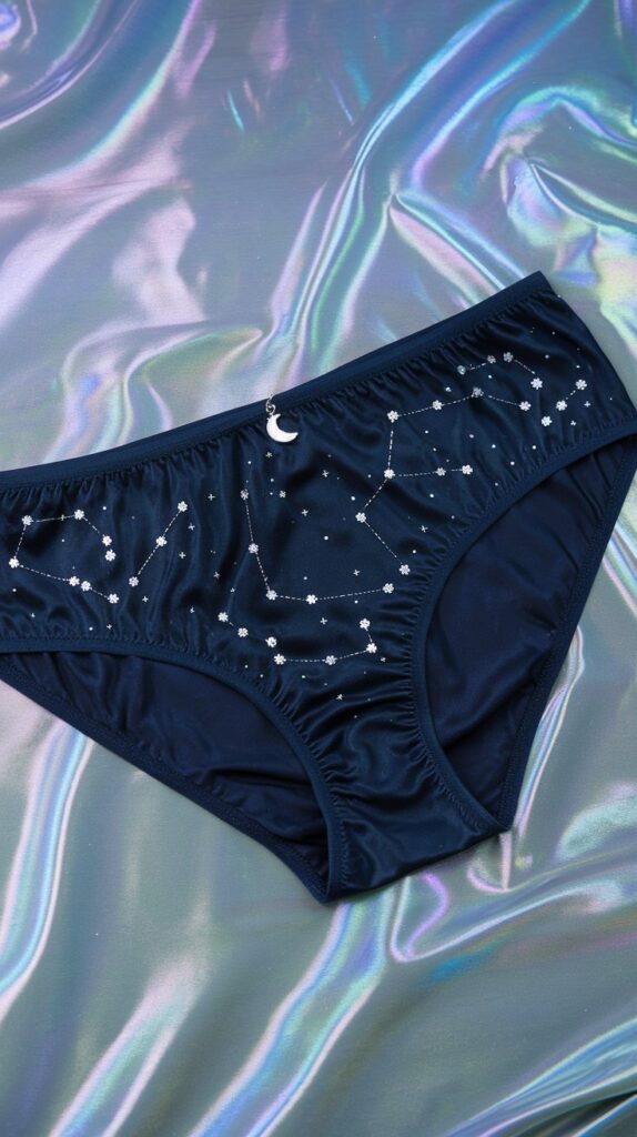 Navy blue handmade panties with constellation design on stretch fabric, displayed on a shiny holographic background.