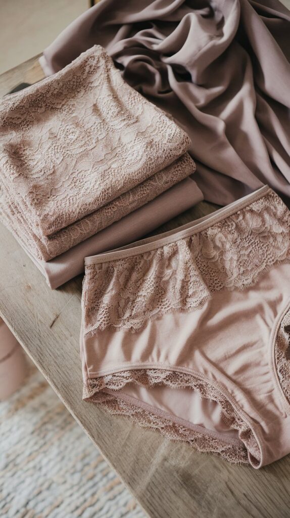 Folded lace jersey fabrics and finished panties on a wooden table - perfect materials for sewing comfy DIY underwear at home