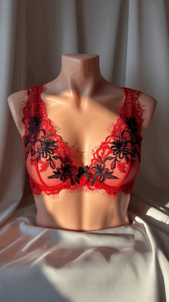 Red lace lingerie bralette on mannequin, decorated with black floral embroidery and satin bow, handmade lingerie example