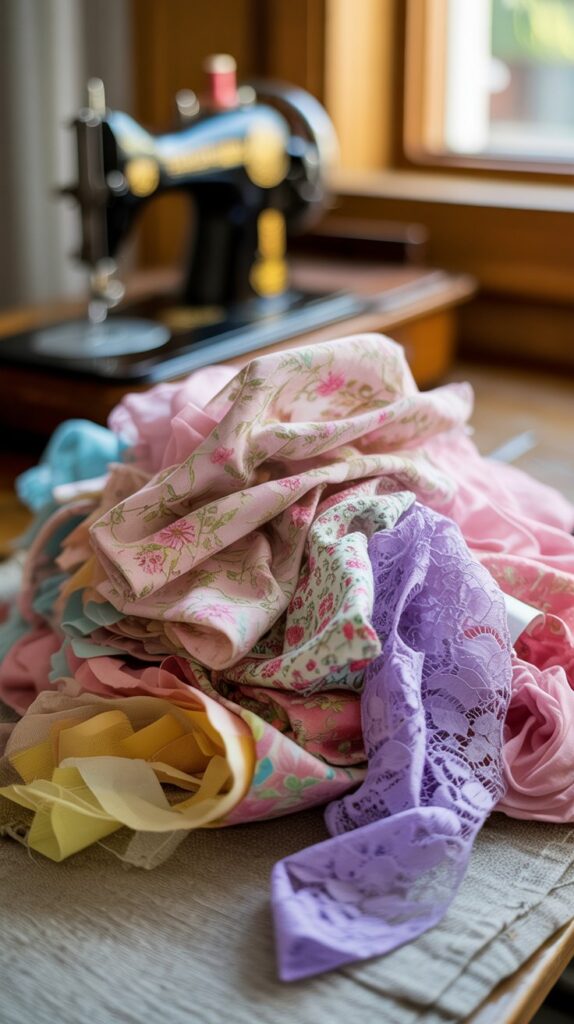 Scrap fabrics of lace, mesh, and satin on a sewing table beside a vintage machine, ready for quilting panties project.