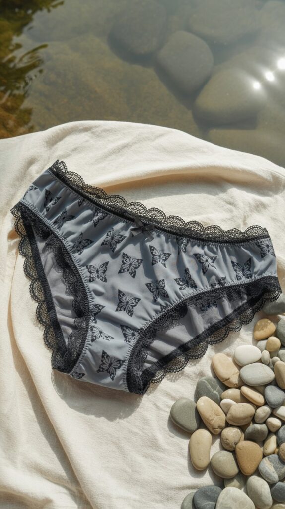 Jersey panties with black lace trim and butterfly print styled on fabric by a riverbank - showcasing comfy DIY underwear fabric