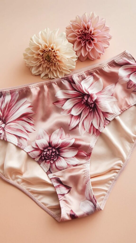 Glossy floral spandex panties in soft pink tones styled with matching dahlias - great fabric choice for beginner lingerie sewing
