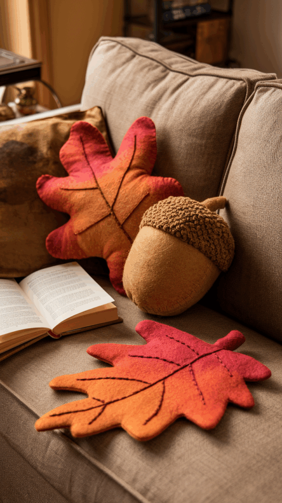 Cozy autumn felt pillows shaped like leaves and acorns on a sofa — perfect homemade Halloween decor inspiration for your home.