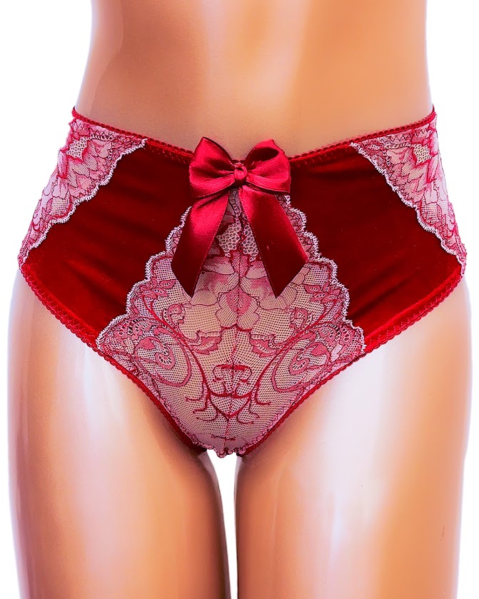 Red lace high-waist bikini panties with bow detail from Rose sewing pattern for DIY lingerie