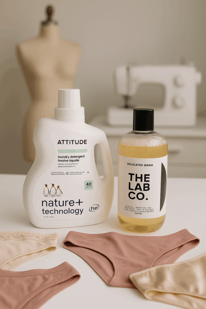 Laundry detergent and delicate wash placed beside handmade thong panties, sewing machine and mannequin for fabric prep tips.