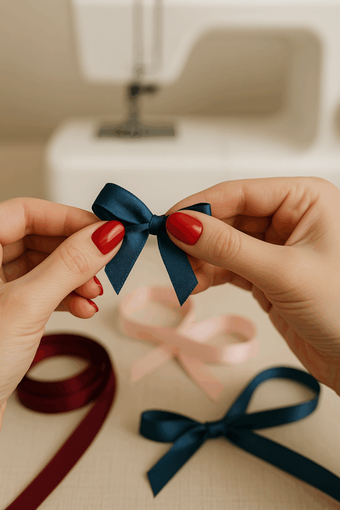 Woman with red nails tying a satin bow by hand with sewing machine and assorted ribbons in background, crafting detail for lingerie embellishment.