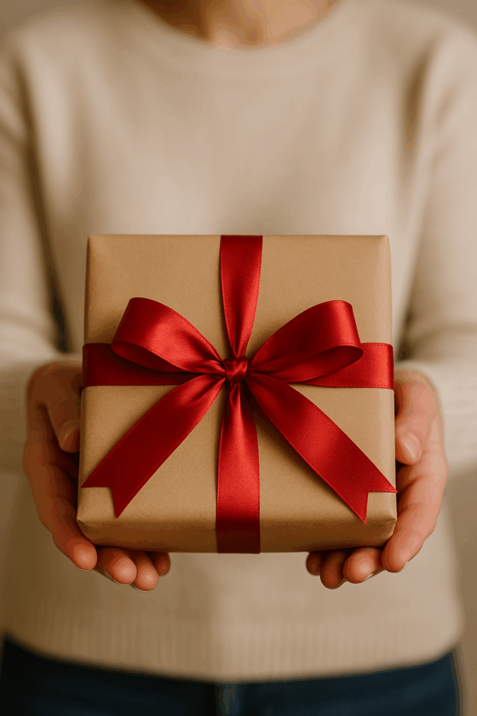Hands holding a present tied with a satin bow, representing the final touch when choosing flat or folded bows in lingerie.