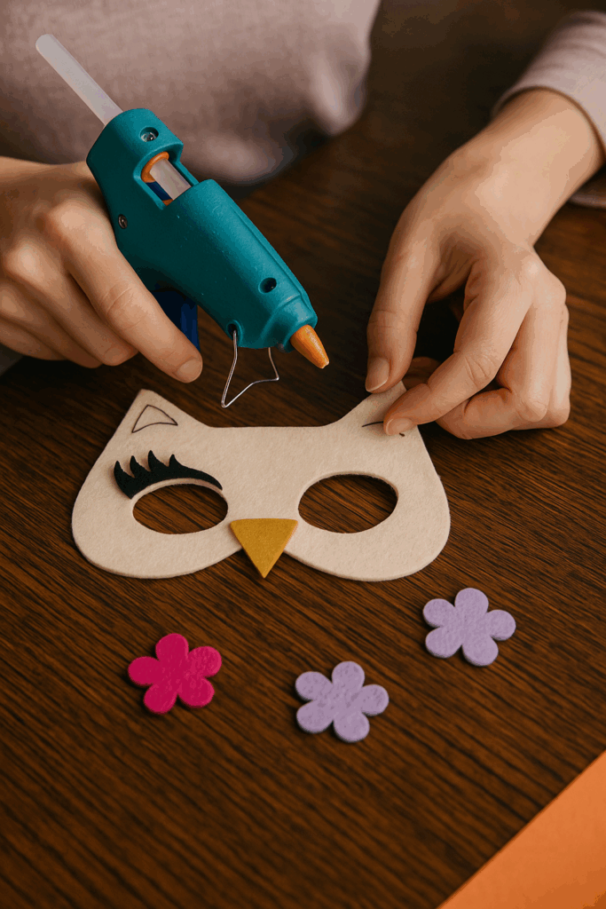 Hands using hot glue gun to assemble felt owl mask with flowers, showing beginner step-by-step felt crafting process