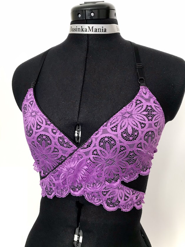 Handmade seamless halter wrap bralette in stretch lace on dress form for beginner lingerie sewing