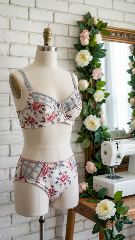 Floral lingerie set on mannequin beside sewing machine, illustrating colourful lingerie trends and sewing inspiration.