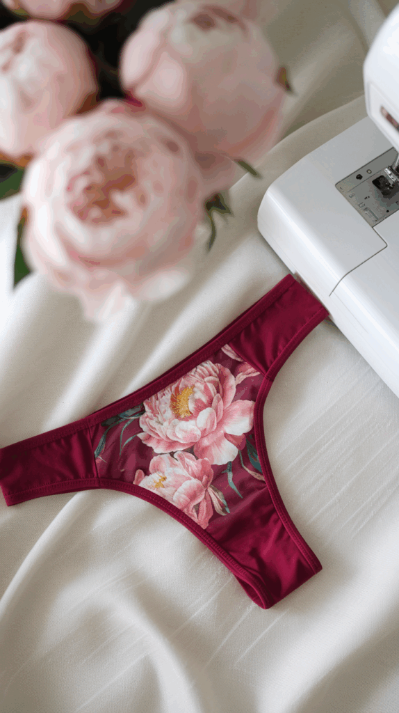 Floral print panties beside a sewing machine, representing the finished result of a handmade lingerie project.