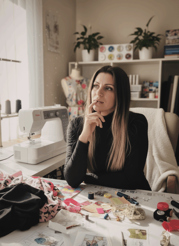 Woman in sewing studio with lingerie fabrics and sewing machine, featured in FAQ section on lingerie needle tips.
