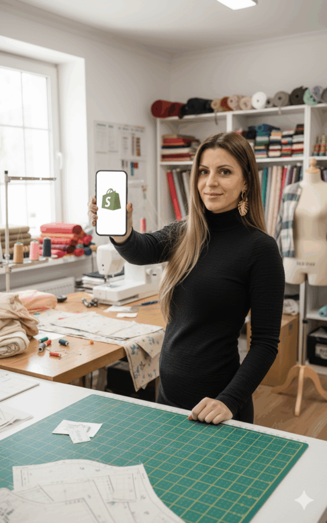 Woman in sewing studio holding smartphone, symbolising setting up an online store for handmade lingerie business