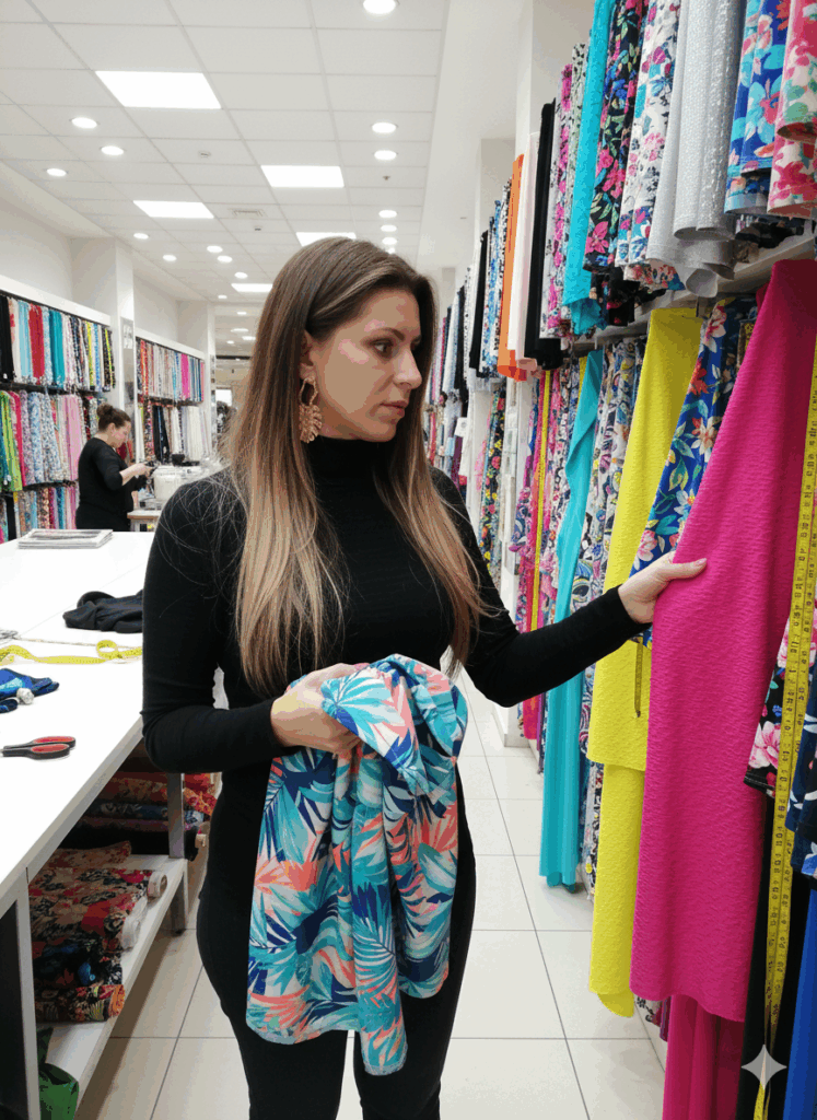 Woman selecting colourful stretch fabric in a textile shop, ideal materials for sewing the beginner-friendly Crop Top “Enigma”